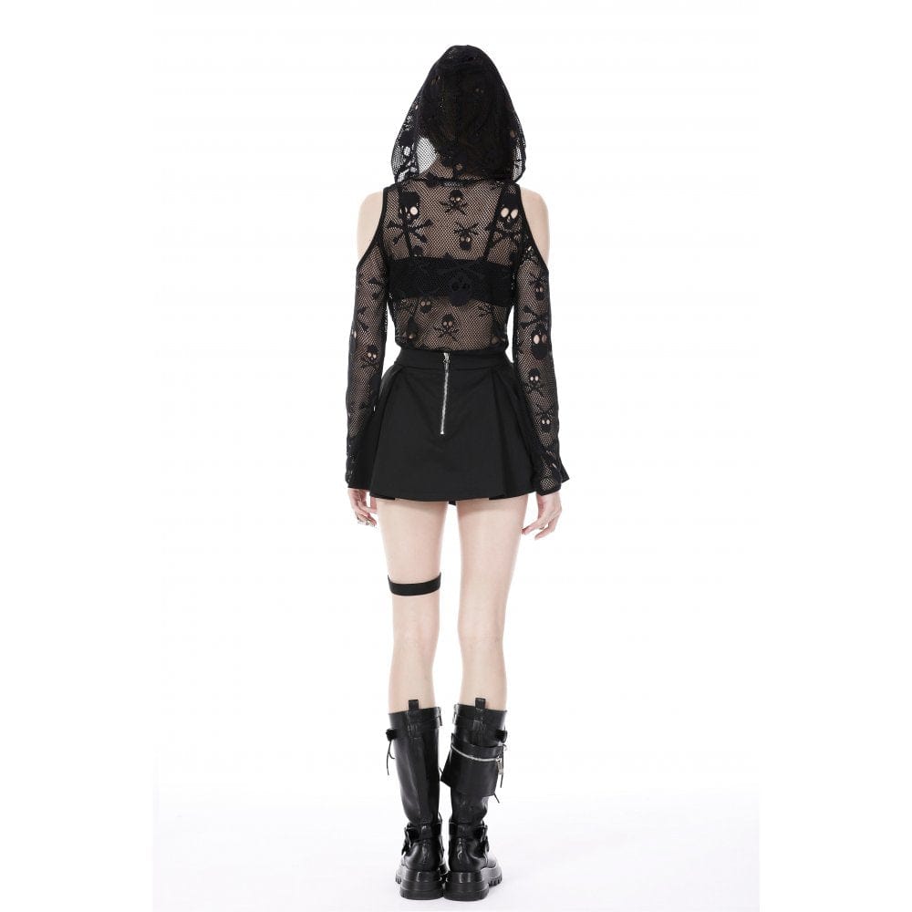 Darkinlove Women's Punk Off Shoulder Skull Mesh Shirt with Hood