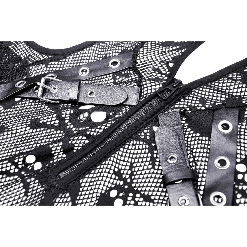 Darkinlove Women's Punk Off Shoulder Skull Mesh Shirt with Hood