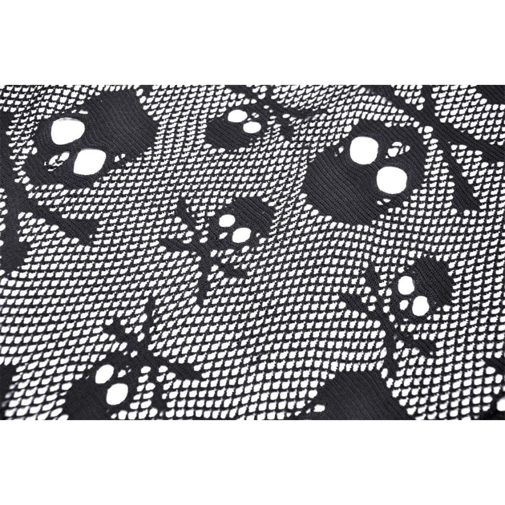 Darkinlove Women's Punk Off Shoulder Skull Mesh Shirt with Hood