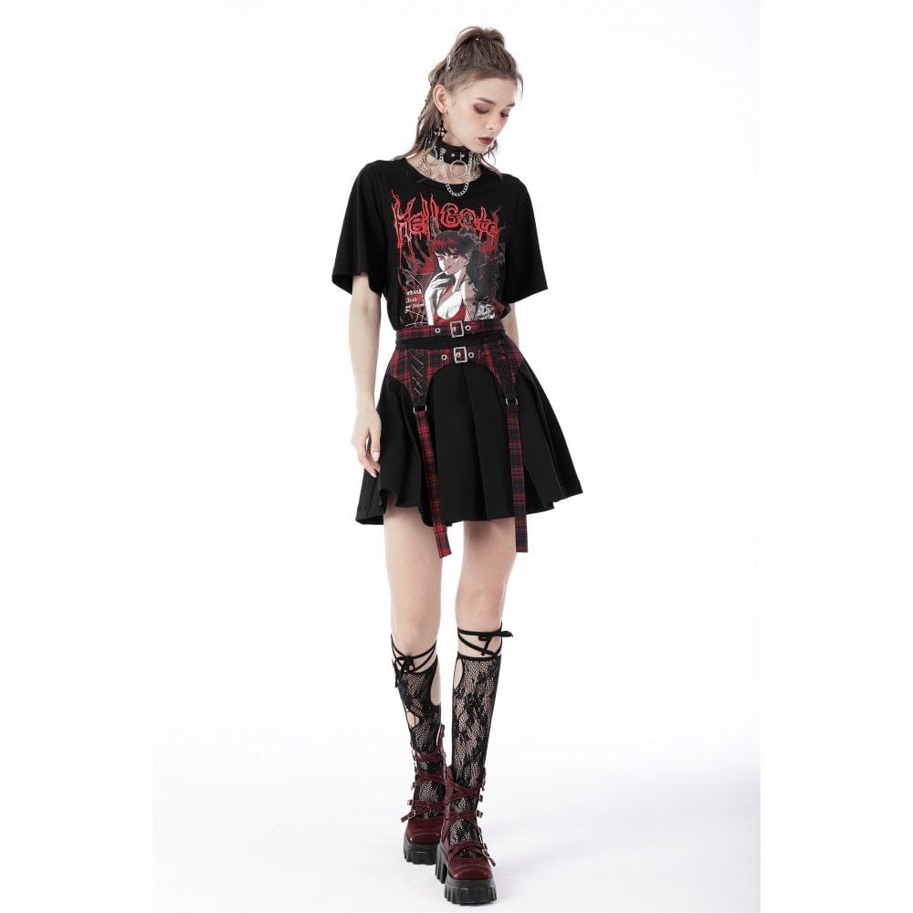 Darkinlove Women's Punk Rock Pleated Skirt with Red Plaid Strap
