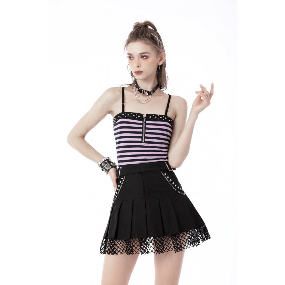 Darkinlove Women's Punk Rock Studded Net Hem Short Skirt