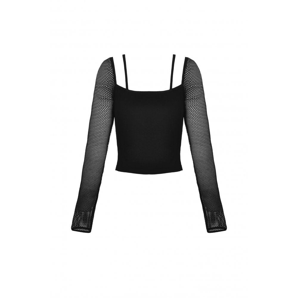 Darkinlove Women's Punk Strappy Mesh Splice Crop Top