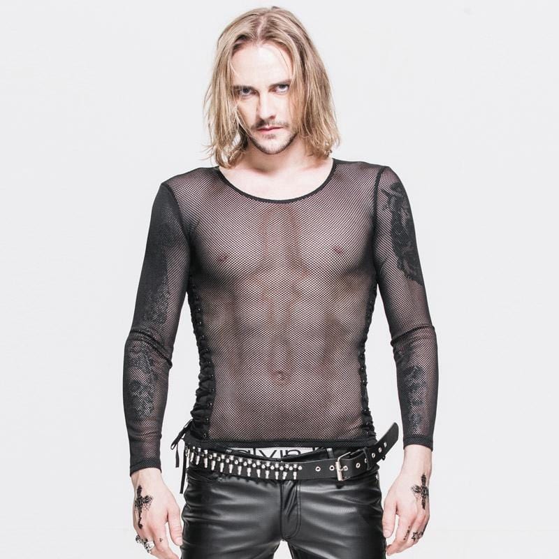 DEVIL FASHION Men's Full Mesh String and Grommet Side Lacing Punk T Shirt