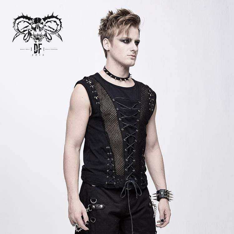 DEVIL FASHION Men's Goth Lacing Mesh Vest