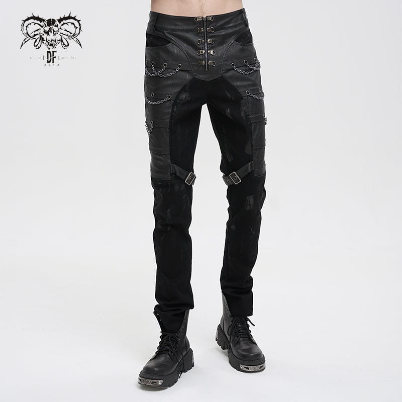 DEVIL FASHION Men's Gothic Distressed Faux Leather Pants