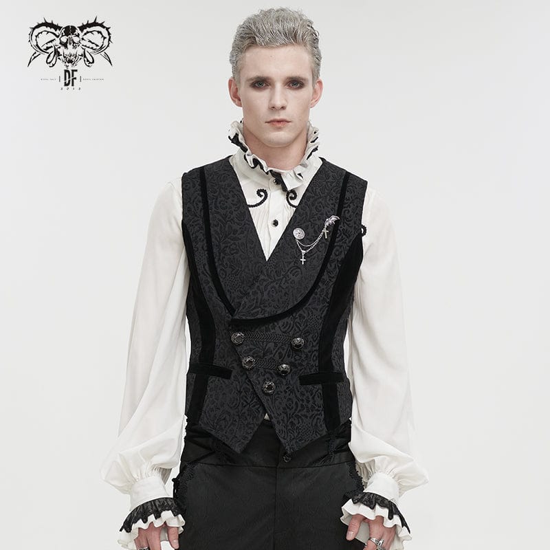 DEVIL FASHION Men's Gothic Embossed Waistcoat with Brooch Black