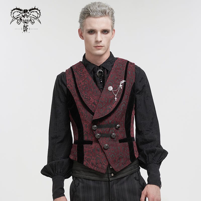 DEVIL FASHION Men's Gothic Embossed Waistcoat with Brooch Red