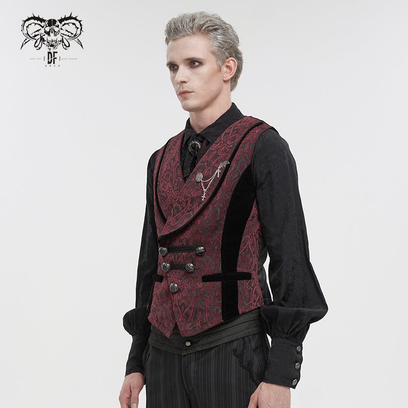 DEVIL FASHION Men's Gothic Embossed Waistcoat with Brooch Red