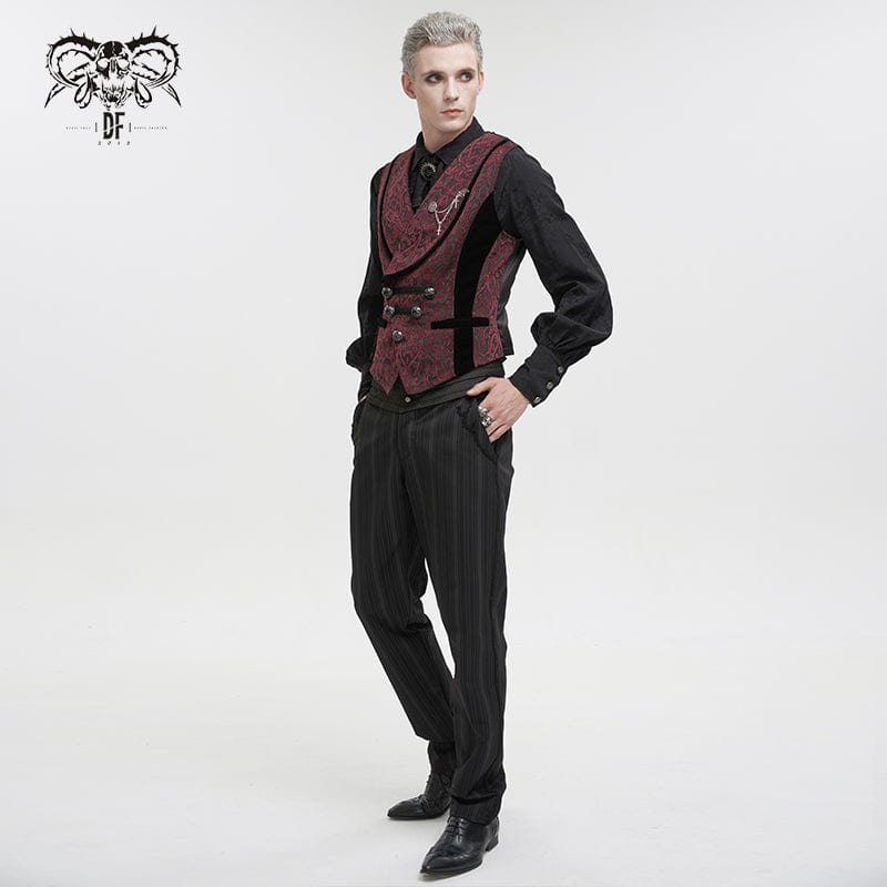 DEVIL FASHION Men's Gothic Embossed Waistcoat with Brooch Red