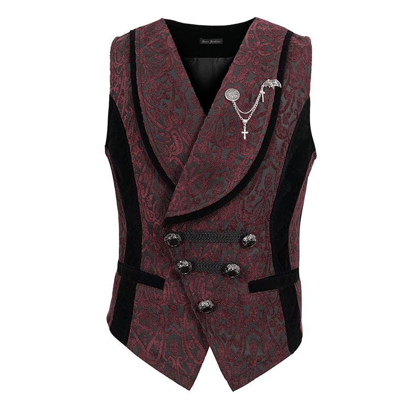 DEVIL FASHION Men's Gothic Embossed Waistcoat with Brooch Red