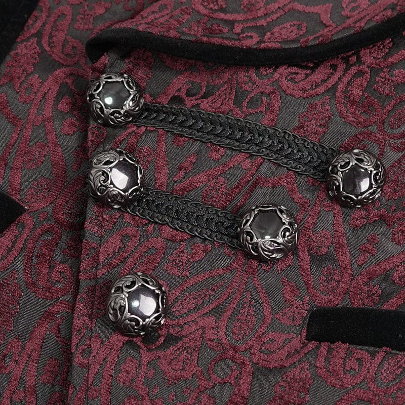 DEVIL FASHION Men's Gothic Embossed Waistcoat with Brooch Red