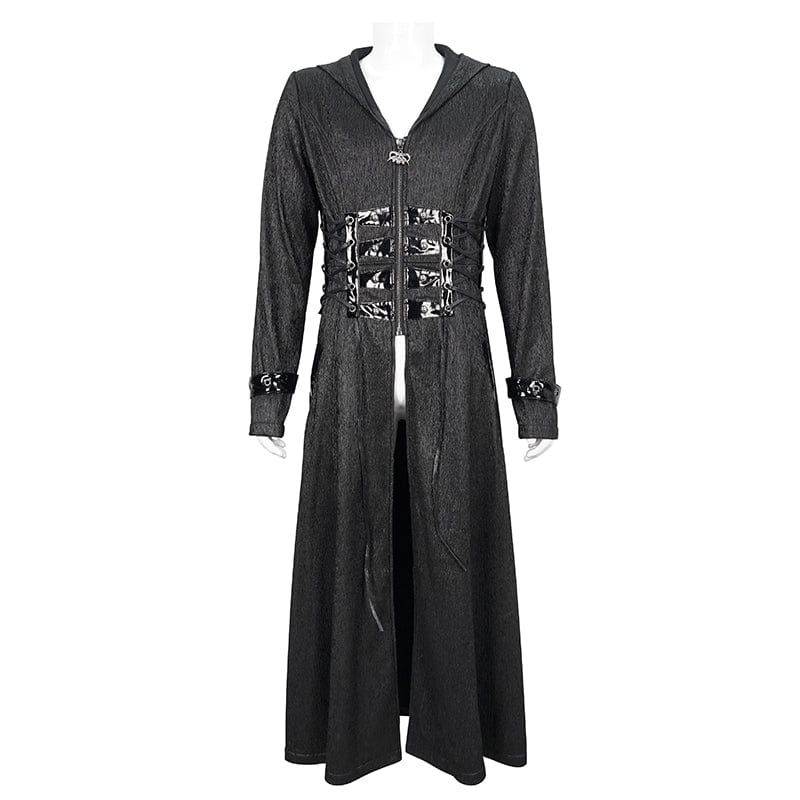 DEVIL FASHION Men's Gothic Faux Leahter Splice Long Coat with Hood