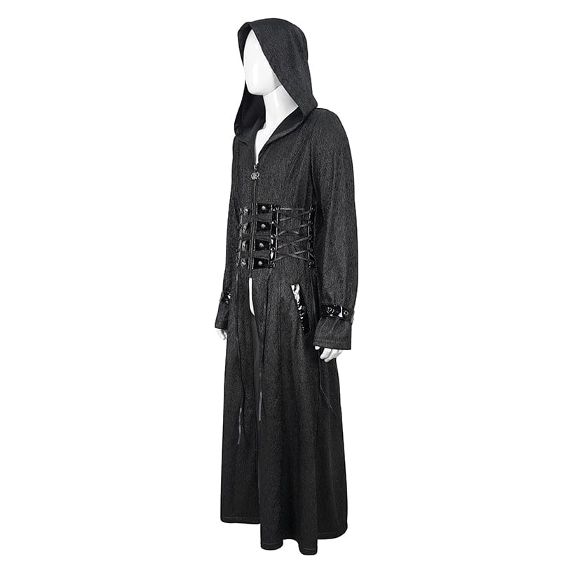 DEVIL FASHION Men's Gothic Faux Leahter Splice Long Coat with Hood