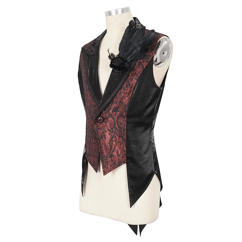 DEVIL FASHION Men's Gothic Feather Swallow-tailed Waistcoat Red