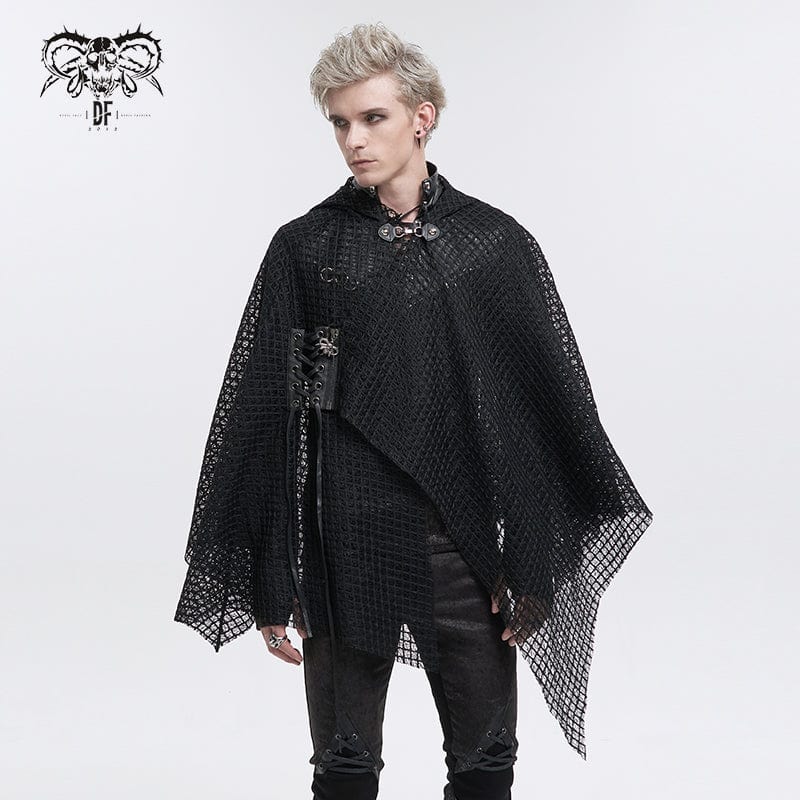 DEVIL FASHION Men's Gothic Irregular Mesh Cloak with Hood