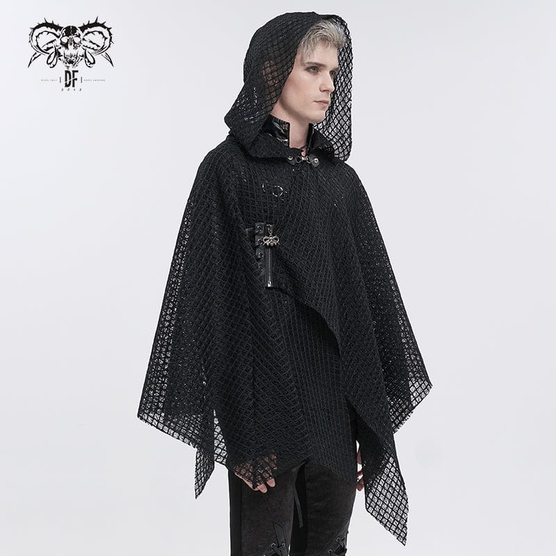 DEVIL FASHION Men's Gothic Irregular Mesh Cloak with Hood