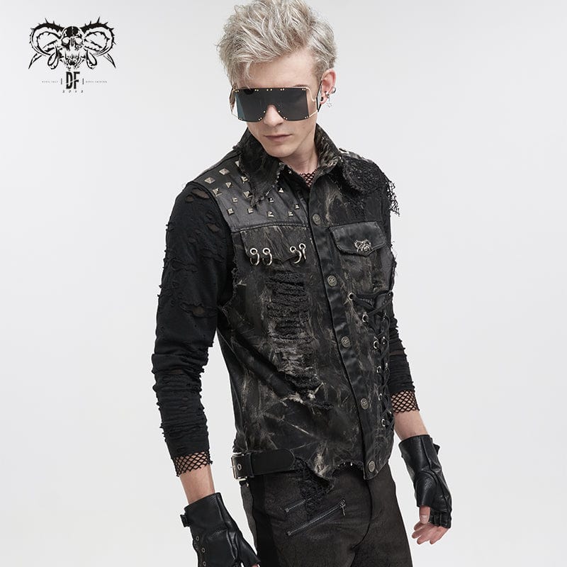 DEVIL FASHION Men's Gothic Mesh Splice Rivet Distressed Wasitcoat