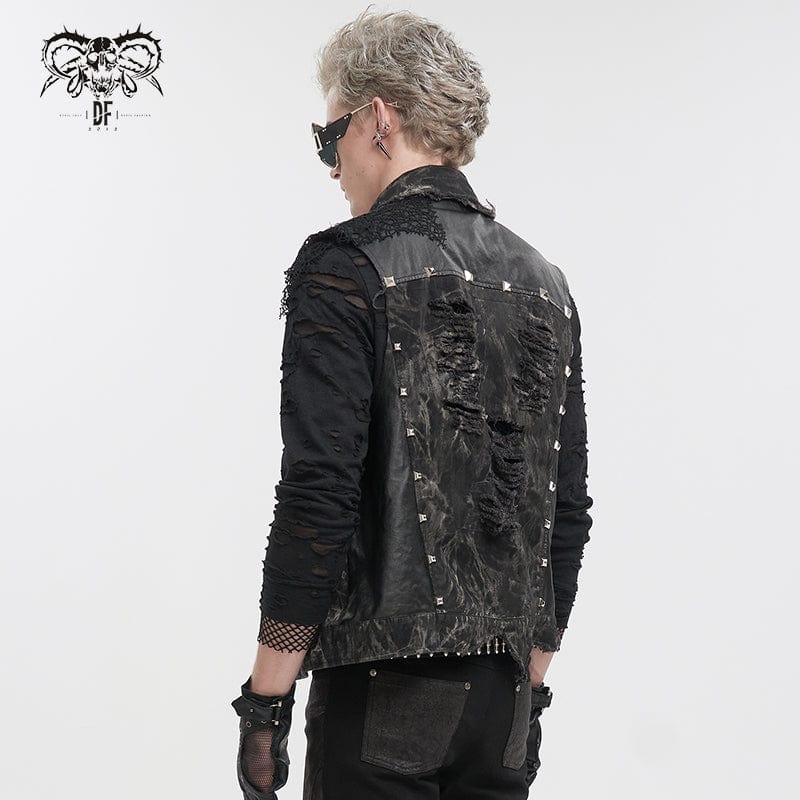 DEVIL FASHION Men's Gothic Mesh Splice Rivet Distressed Wasitcoat