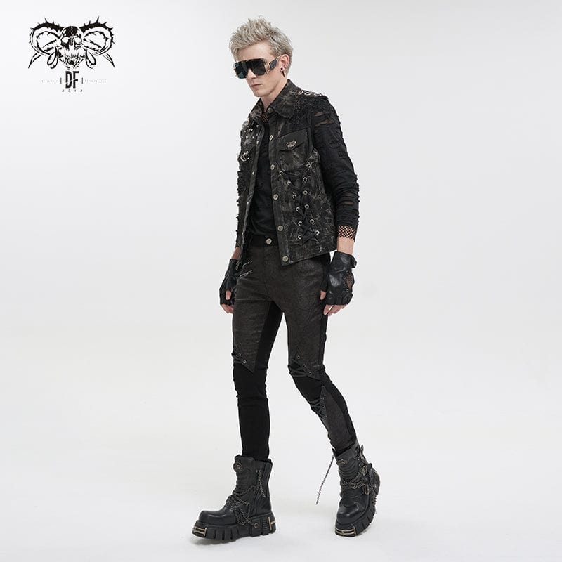 DEVIL FASHION Men's Gothic Mesh Splice Rivet Distressed Wasitcoat
