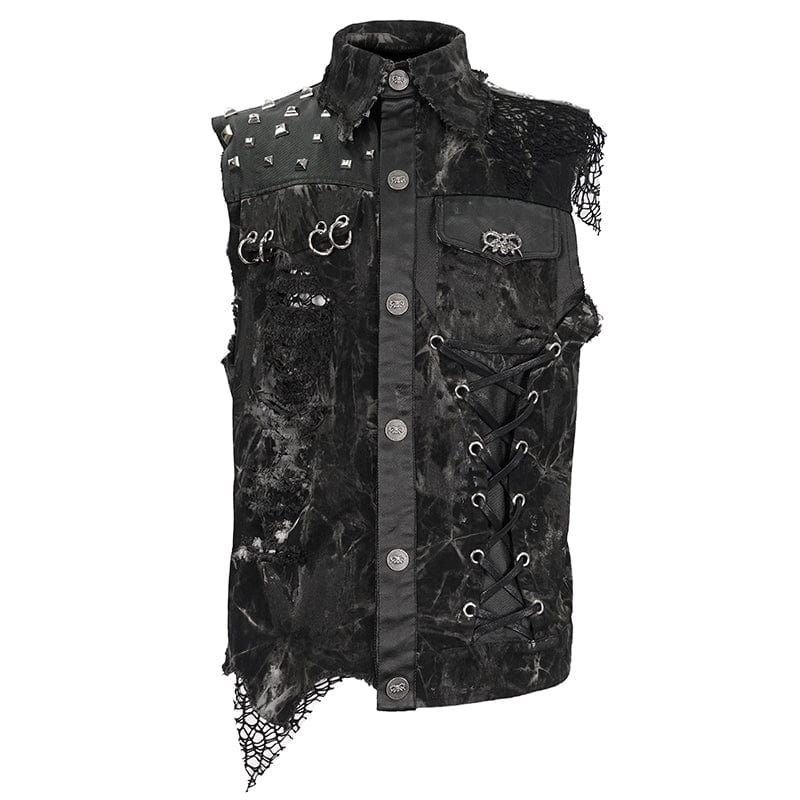 DEVIL FASHION Men's Gothic Mesh Splice Rivet Distressed Wasitcoat