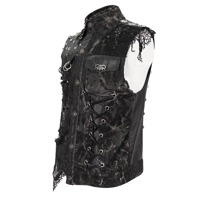 DEVIL FASHION Men's Gothic Mesh Splice Rivet Distressed Wasitcoat
