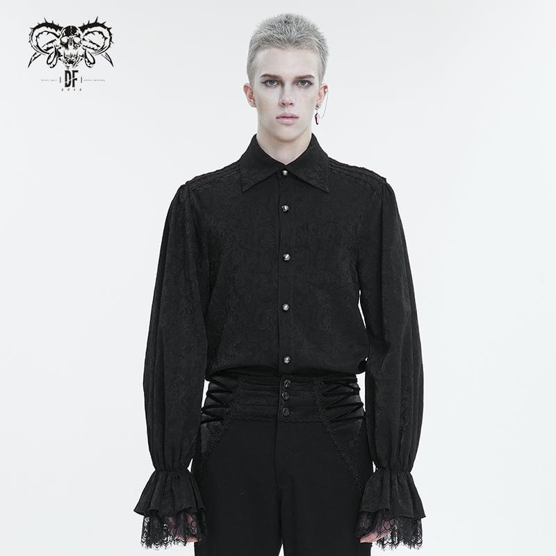 DEVIL FASHION Men's Gothic Puff Sleeved Lace Hem Shirt Black