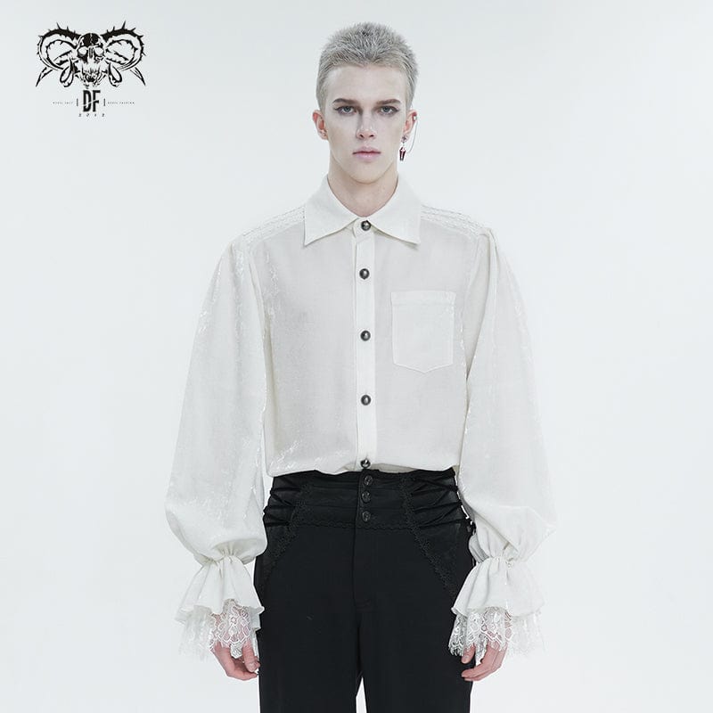 DEVIL FASHION Men's Gothic Puff Sleeved Lace Hem Shirt White