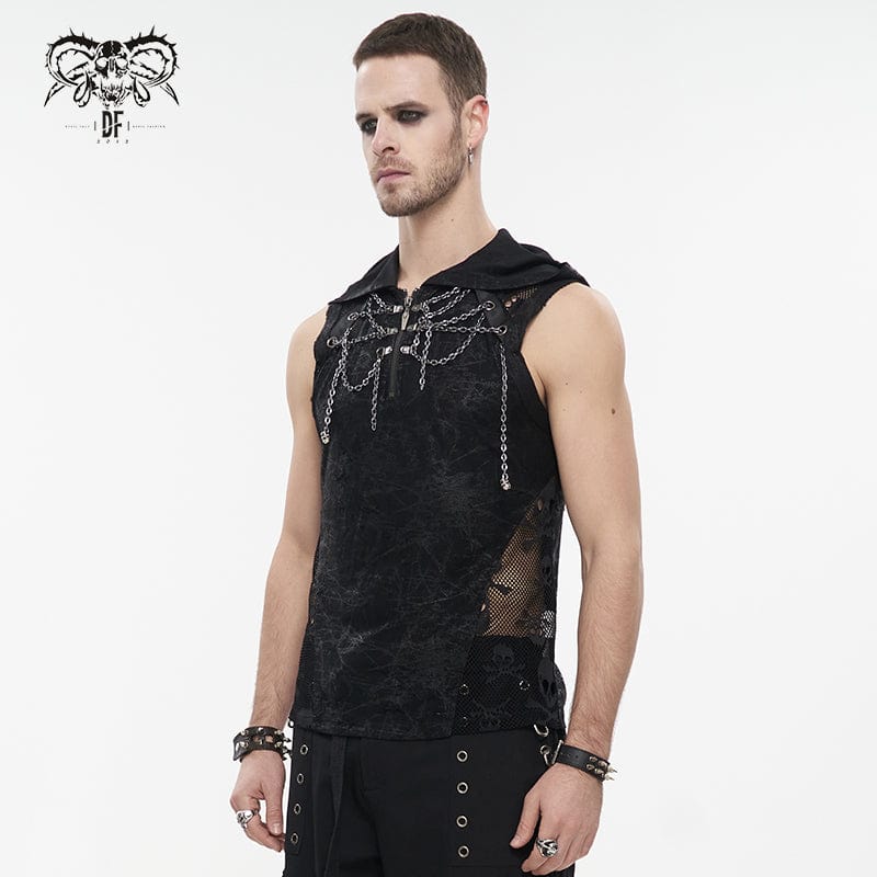 DEVIL FASHION Men's Gothic Skull Mesh Splice Chain Tank Top with Hood