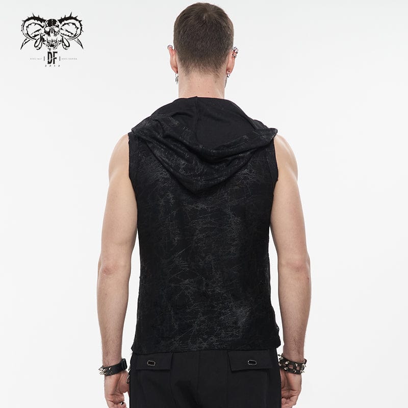 DEVIL FASHION Men's Gothic Skull Mesh Splice Chain Tank Top with Hood