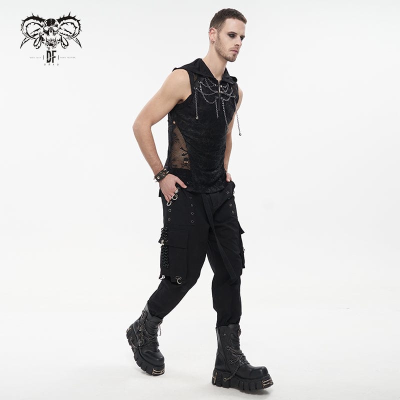DEVIL FASHION Men's Gothic Skull Mesh Splice Chain Tank Top with Hood