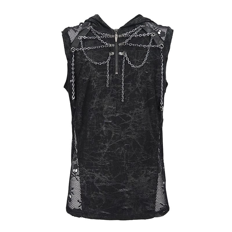 DEVIL FASHION Men's Gothic Skull Mesh Splice Chain Tank Top with Hood