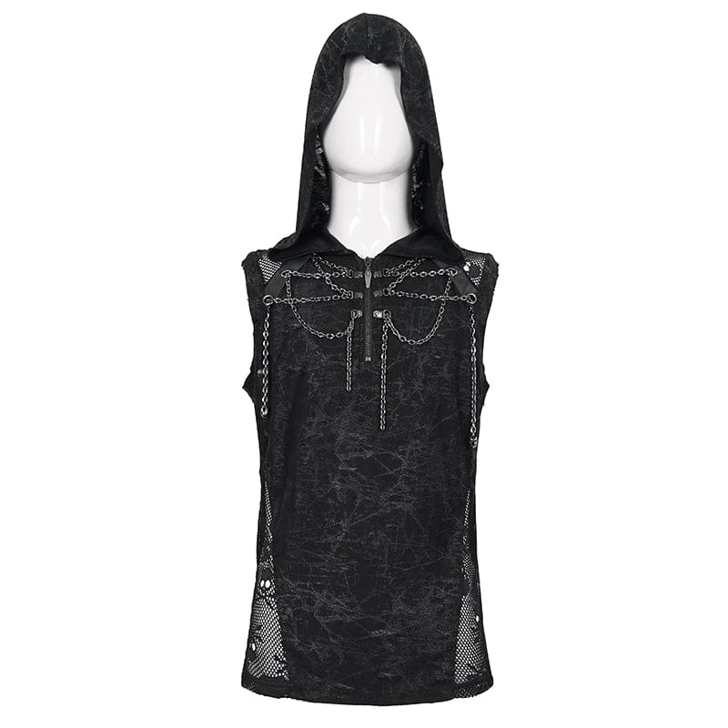 DEVIL FASHION Men's Gothic Skull Mesh Splice Chain Tank Top with Hood