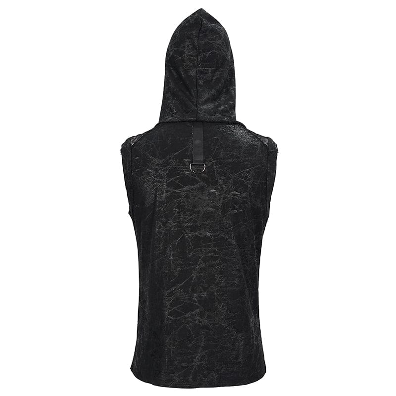 DEVIL FASHION Men's Gothic Skull Mesh Splice Chain Tank Top with Hood