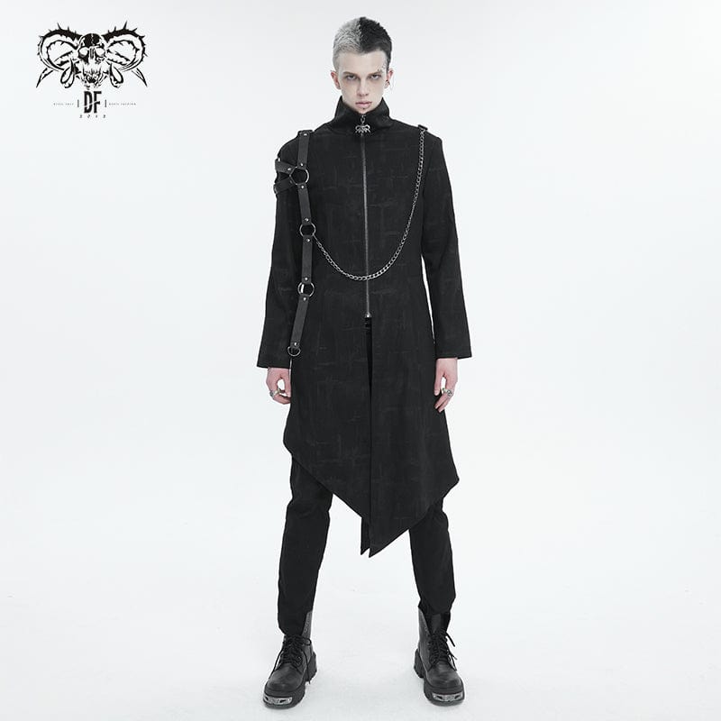 DEVIL FASHION Men's Gothic Stand Collar Asymmetric Coat with Harness