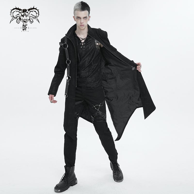 DEVIL FASHION Men's Gothic Stand Collar Asymmetric Coat with Harness