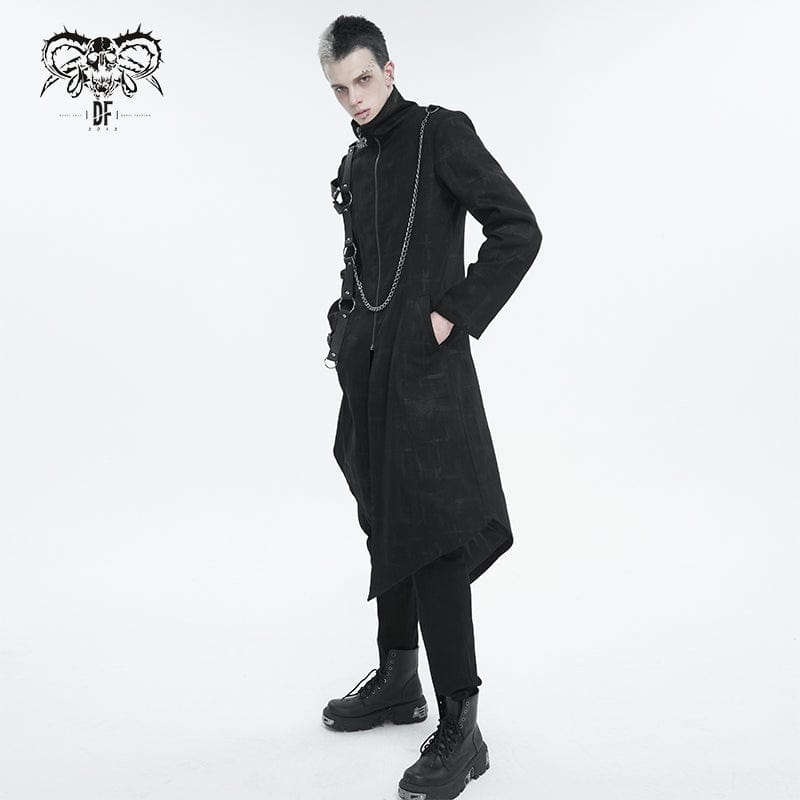 DEVIL FASHION Men's Gothic Stand Collar Asymmetric Coat with Harness