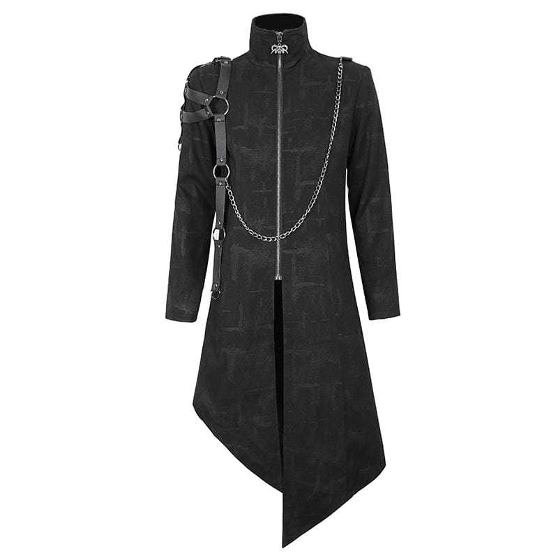 DEVIL FASHION Men's Gothic Stand Collar Asymmetric Coat with Harness