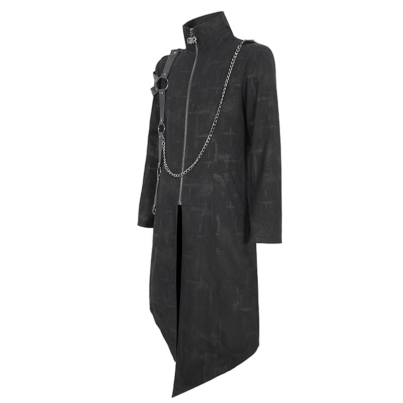 DEVIL FASHION Men's Gothic Stand Collar Asymmetric Coat with Harness
