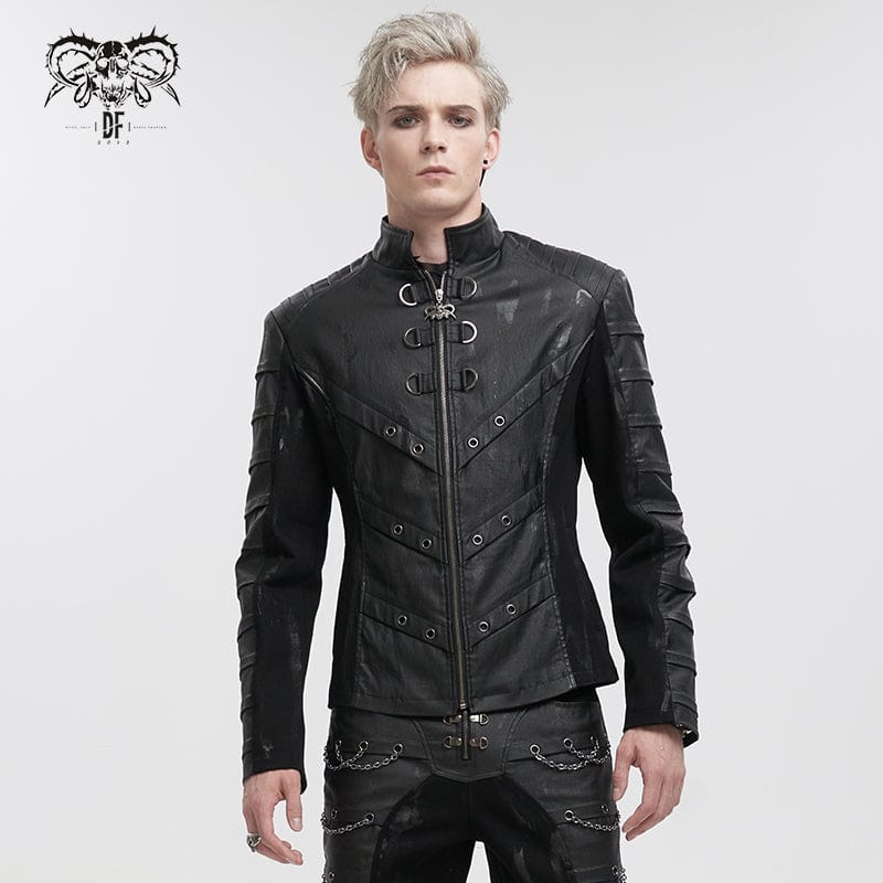 DEVIL FASHION Men's Gothic Stand Collar Distressed Jacket