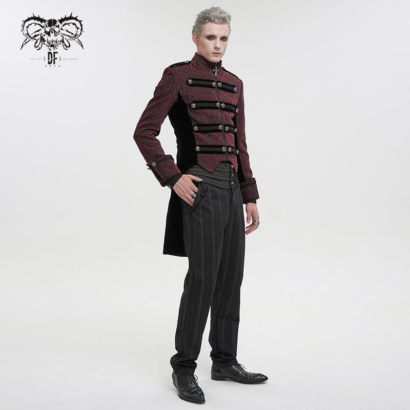 DEVIL FASHION Men's Gothic Stand Collar Embossed Swallow-tailed Coat Red