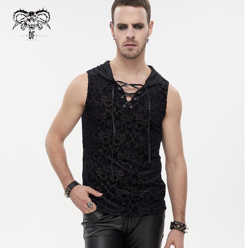 DEVIL FASHION Men's Gothic Strappy Floral Printed Tank Top with Hood