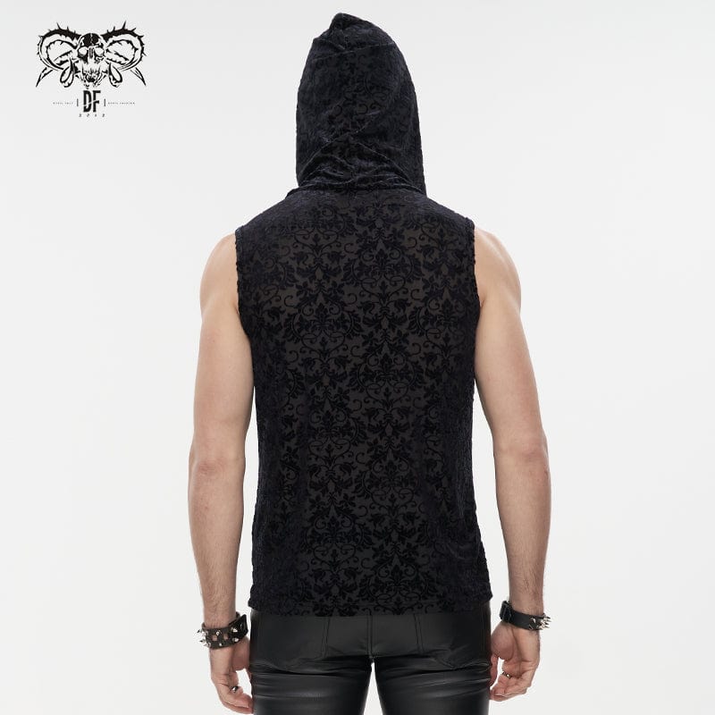 DEVIL FASHION Men's Gothic Strappy Floral Printed Tank Top with Hood