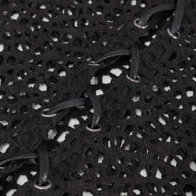 DEVIL FASHION Men's Gothic Strappy Irregular Mesh Shirt with Hood