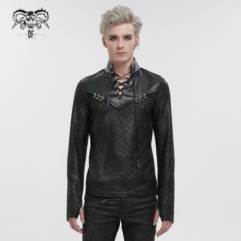 DEVIL FASHION Men's Gothic Strappy Stand Collar Faux Leather Splice Shirt