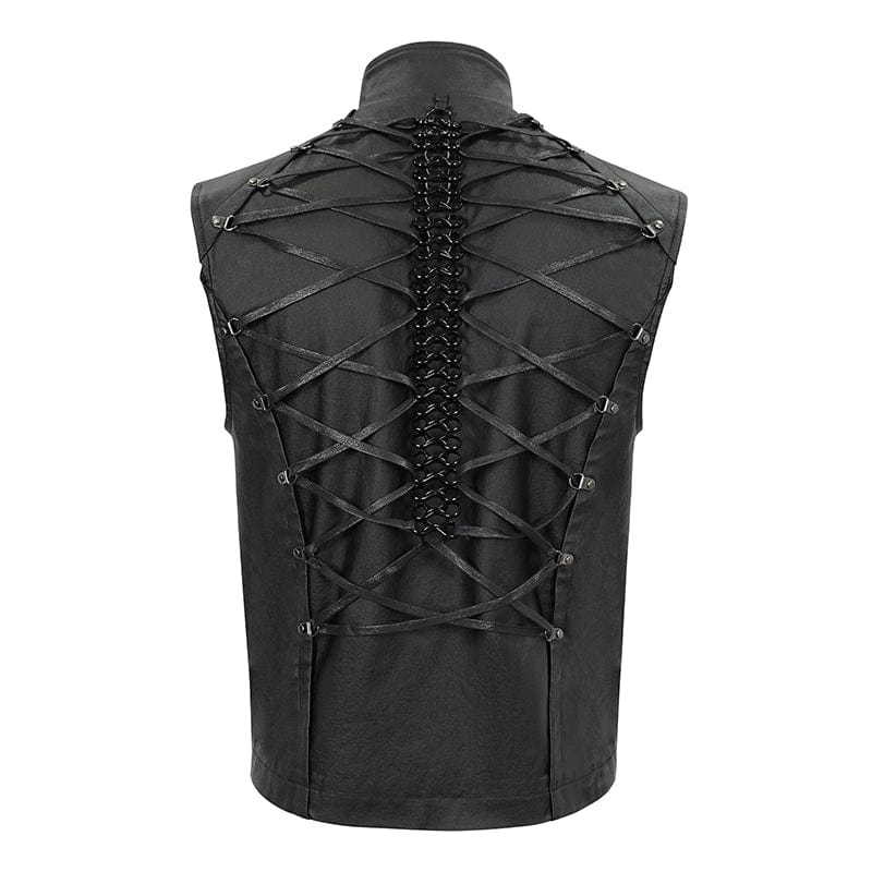DEVIL FASHION Men's Gothic Strappy Stand Collar Faux Leather Waistcoat