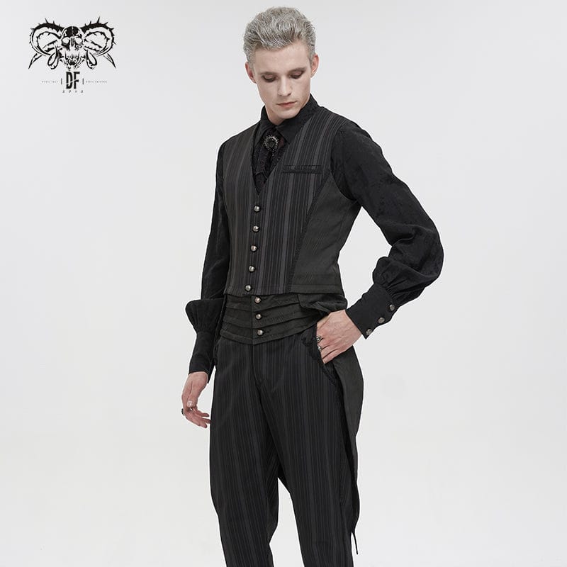 DEVIL FASHION Men's Gothic Stripes Waistcoat Black with Detachable Swallow Tail