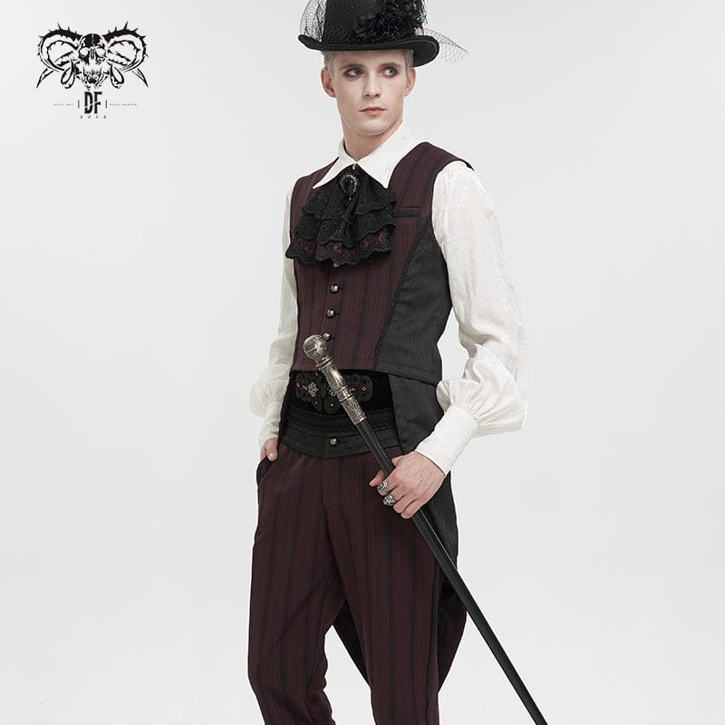DEVIL FASHION Men's Gothic Stripes Waistcoat Red with Detachable Swallow Tail