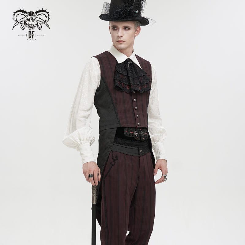 DEVIL FASHION Men's Gothic Stripes Waistcoat Red with Detachable Swallow Tail