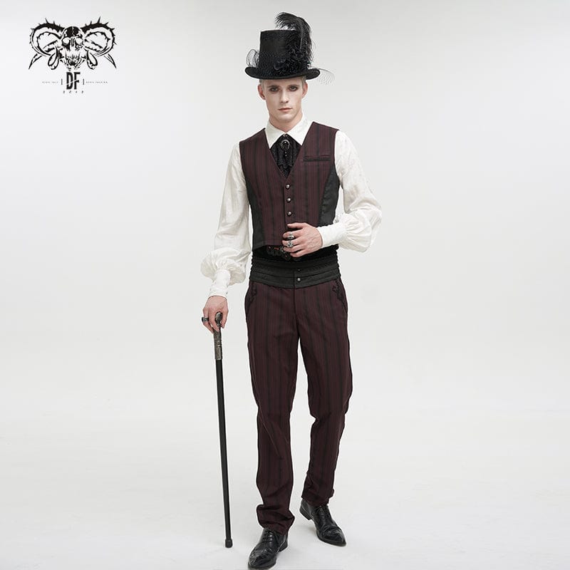 DEVIL FASHION Men's Gothic Stripes Waistcoat Red with Detachable Swallow Tail