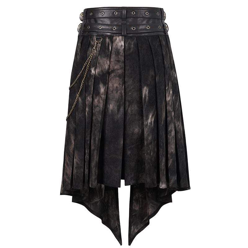 DEVIL FASHION Men's Gothic Tie-dyed Faux Leather Splice Kilt with Belts
